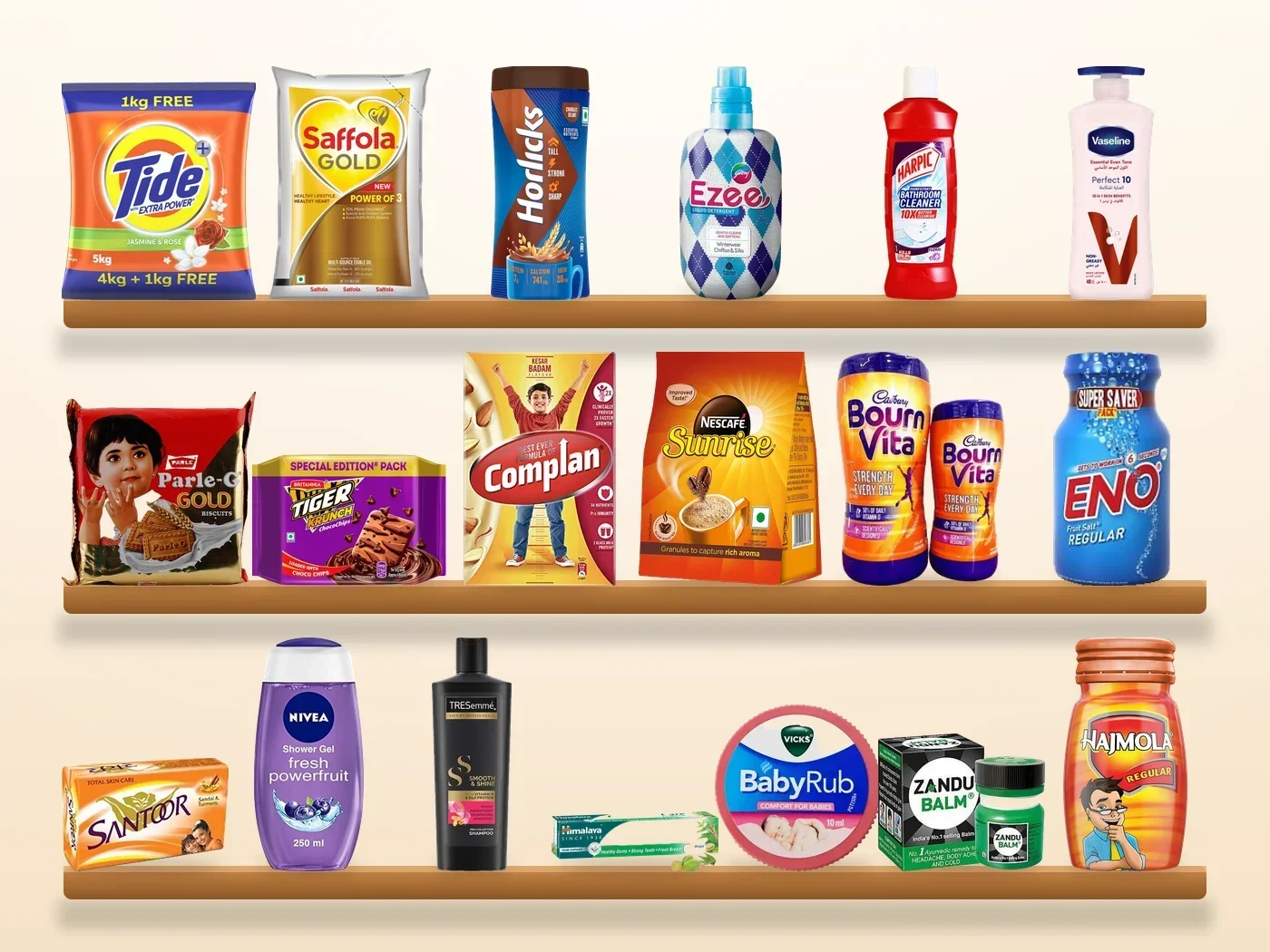 Shelves stocked with Tide, Saffola, Horlicks, Parle-G, Bournvita, Eno and other everyday brands